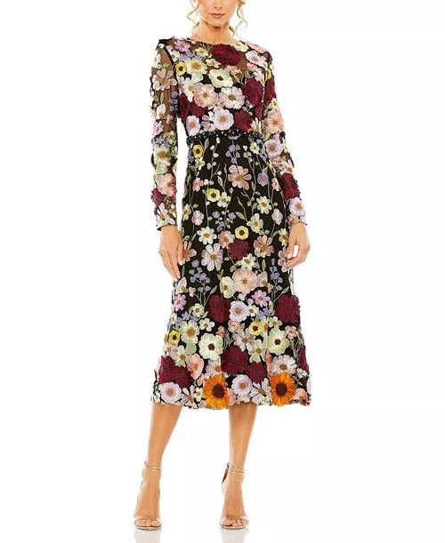 high neck floral embellished a-line dress