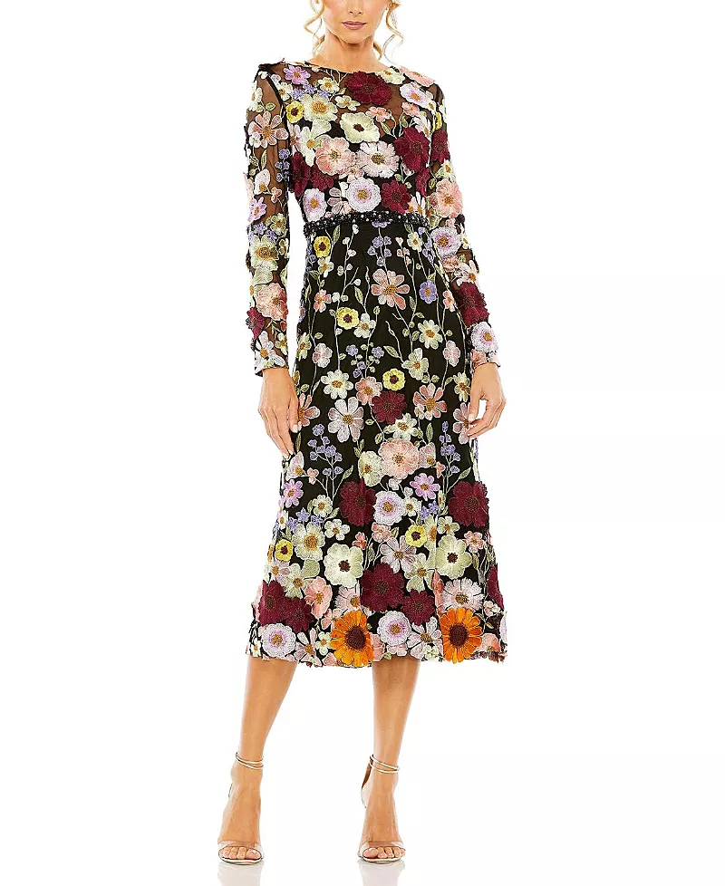 Mac Duggal High Neck Floral Embellished A-Line Dress
