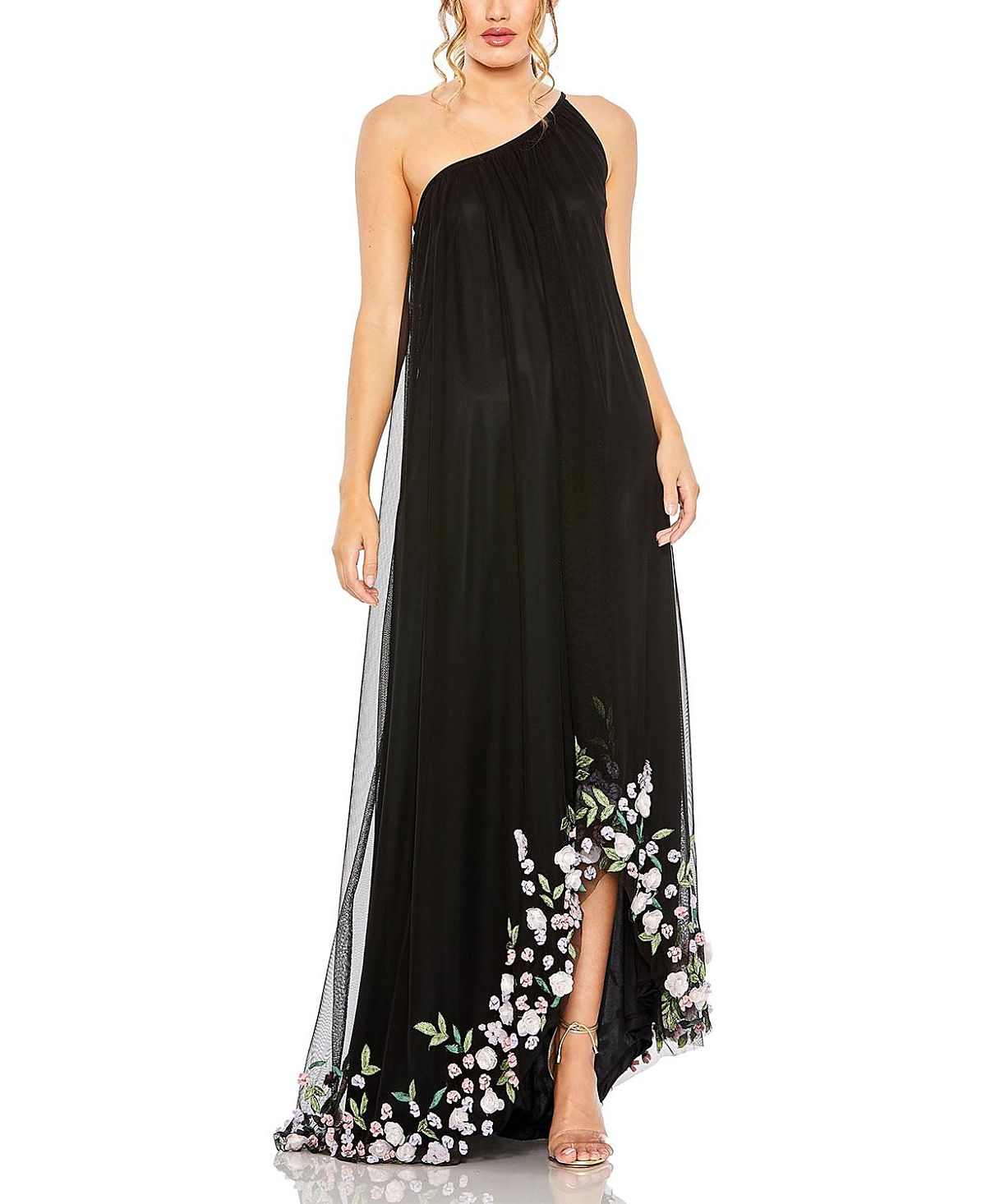 Mac Duggal One Shoulder Trapeze Embellished High Low Gown