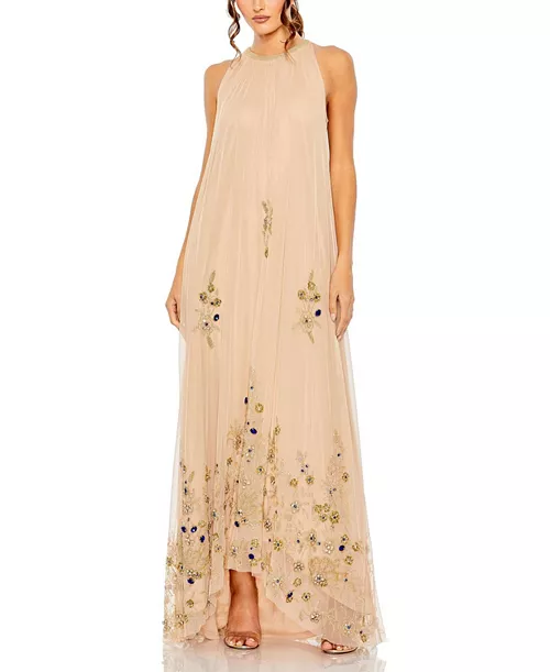 High Neck Floral Embellished Trapeze Gown