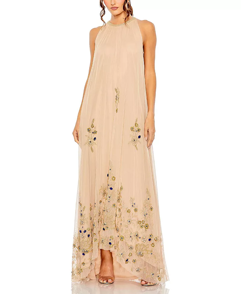 Mac Duggal High Neck Floral Embellished Trapeze Gown