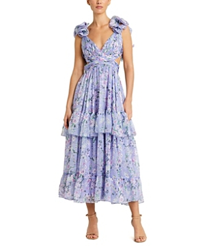 Shop Mac Duggal Ruffle Tiered Cut-out Floral Chiffon Dress In Lilac Multi