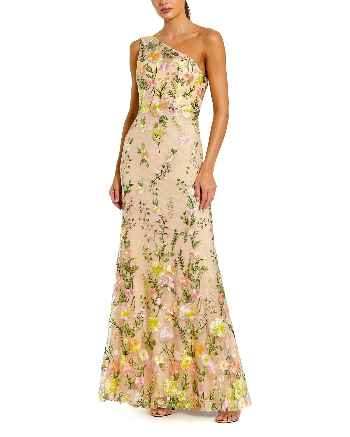 One Shoulder Lace Embroidered Gown
