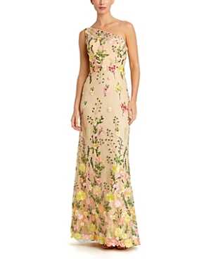 Shop Mac Duggal One Shoulder Lace Embroidered Gown In Yellow Multi