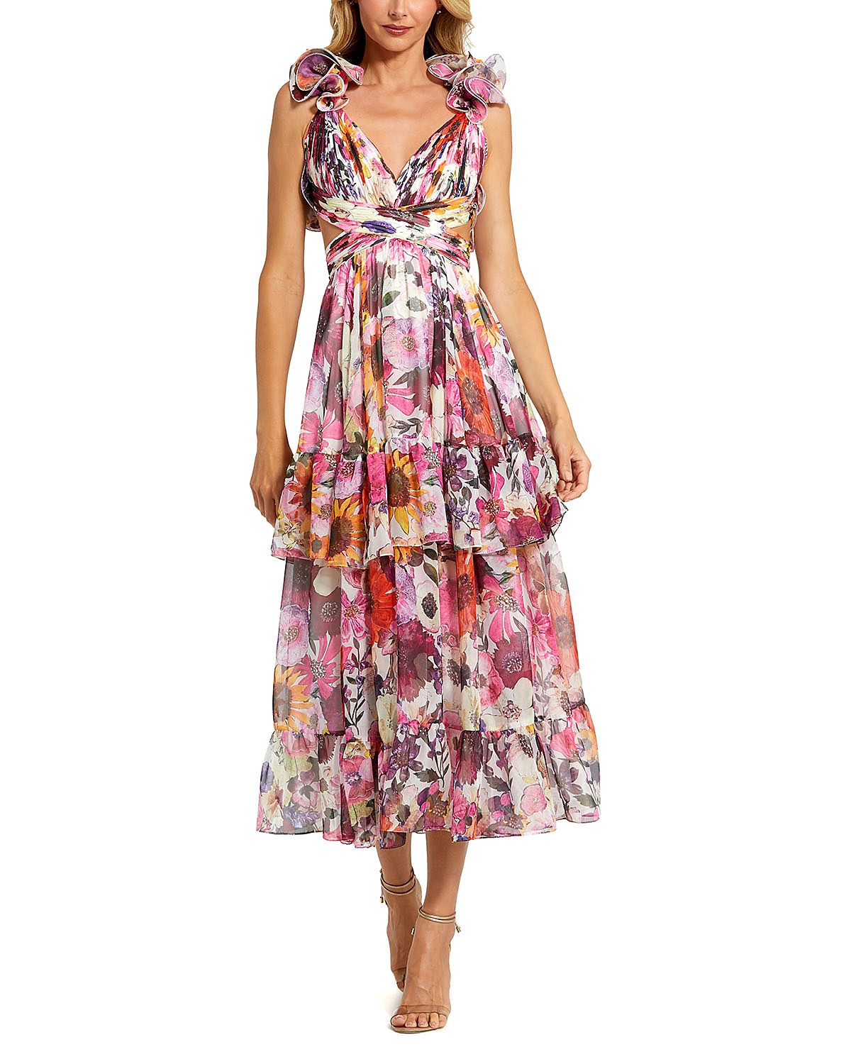 Mac Duggal Ruffle Tiered Cut-Out Floral Chiffon Dress