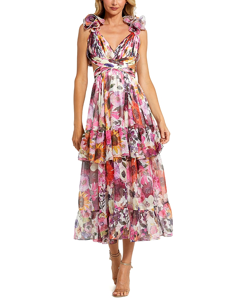 Mac Duggal Ruffle Tiered Cut-Out Floral Chiffon Dress
