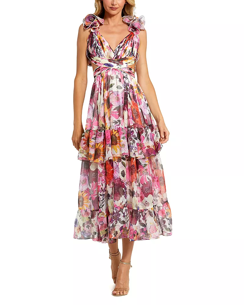 Mac Duggal Ruffle Tiered Cut-Out Floral Chiffon Dress