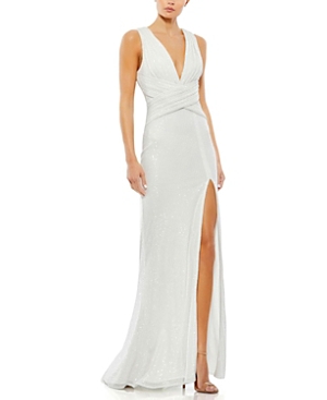 Shop Mac Duggal V-neck Sequin Wrap Waist Gown In White