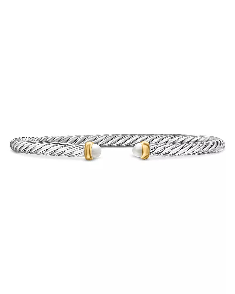 David Yurman Sterling Silver & 14K Yellow Gold Cable Flex Cultured Freshwater Pearl Bracelet, 4mm
