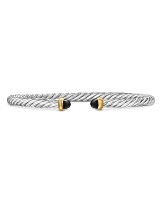 David Yurman Sterling Silver &amp; 14K Yellow Gold Cable Flex Black Onyx Bracelet, 4mm