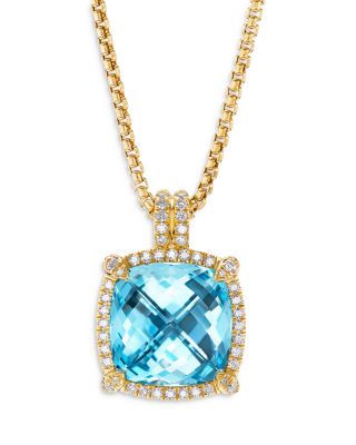 Chatelaine&reg; Pav&eacute; Bezel Pendant Necklace in 18K Yellow Gold with Blue Topaz and Diamonds, 14mm