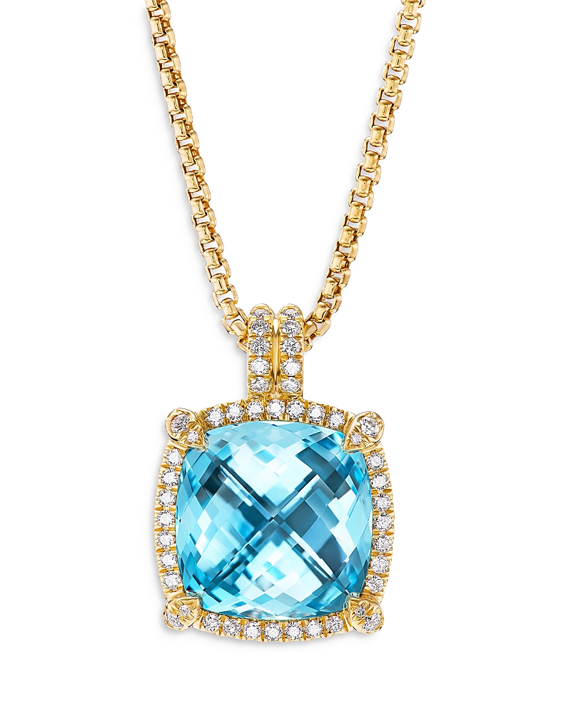 Chatelaine Pave Bezel Pendant Necklace in 18K Yellow Gold with Blue Topaz and Diamonds, 14mm