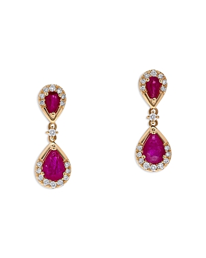Shop Bloomingdale's Ruby & Diamond Halo Drop Earrings In 14k Yellow Gold In Pink
