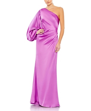 Mac Duggal Satin One Shoulder Puff Sleeve Gown In Orchid