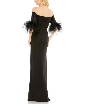 Feather Trim Off The Shoulder Column Gown