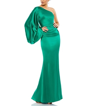 Shop Mac Duggal Satin Puff Sleeve Gown In Emerald