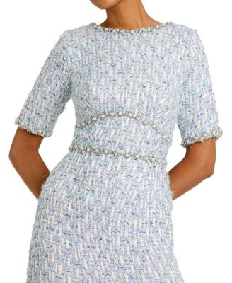 Women's Short Sleeve Beaded Trim Boucle Midi Dress