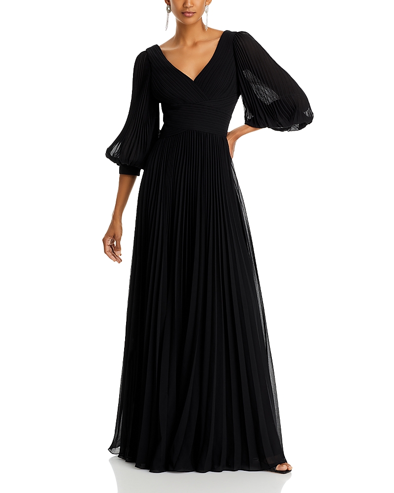 Teri Jon By Rickie Freeman Chiffon Pleated V Neck Gown In Black
