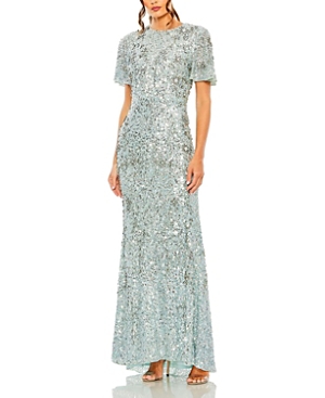 Mac Duggal Flutter Sleeve Sequin High Neck Dress In French Blue