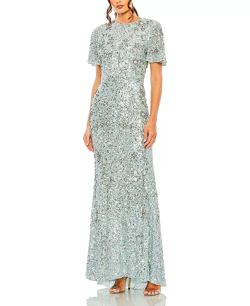 Mac Duggal Women's Flutter Sleeve Sequin High Neck Dress