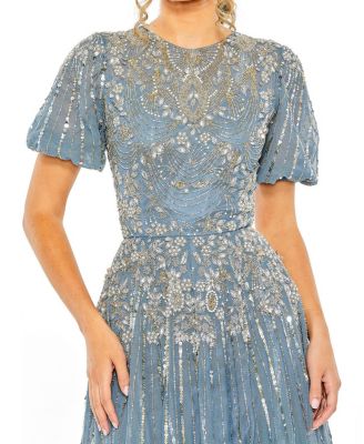 High Neck Puff Sleeve Embellished A Line Gown