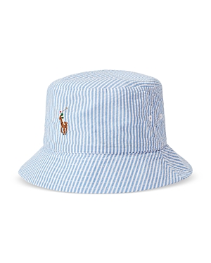 Shop Polo Ralph Lauren Reversible Cotton Seersucker Bucket Hat In White/blue