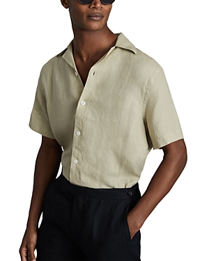 Shop Reiss Beldi Linen Short Sleeve Cuban Collar Shirt In Chartreuse