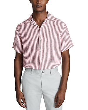 Shop Reiss Beldi Linen Short Sleeve Cuban Collar Shirt In Pink Stripe