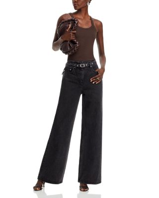 Belted Wide Leg Jeans In Washed Black