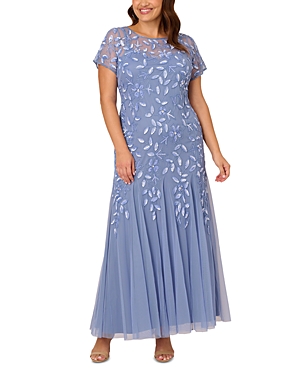 Shop Adrianna Papell Plus Short Sleeve Beaded Dress In French Blue