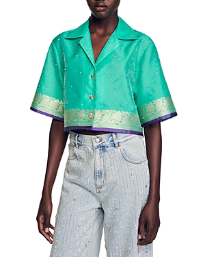 Shop Sandro Neela Jacquard Rhinestone Cropped Shirt In Blue Green