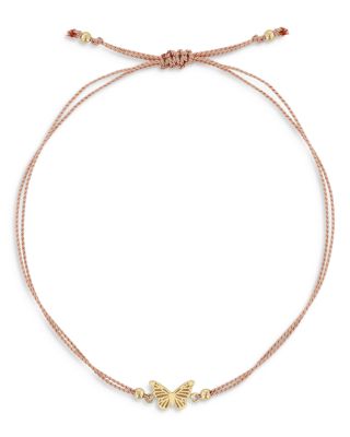 14K Yellow Gold Midi Bitty Butterfly Light Pink Cord Bracelet