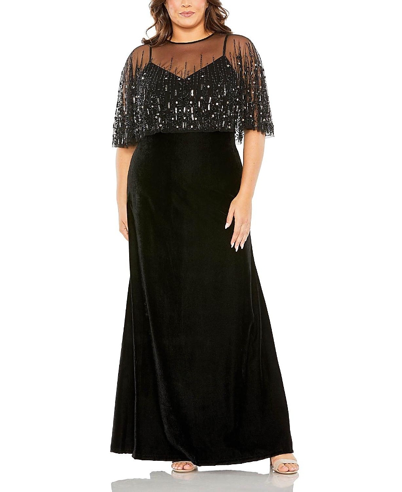 Mac Duggal 9228 Long Plus Size Velvet Cape Dress In Black