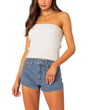 Shop Edikted North Cable Knit Strapless Top In Cream