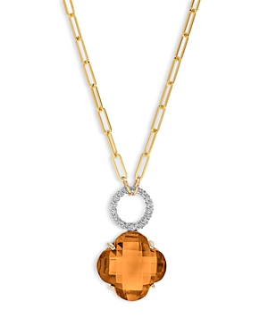 Citrine Clover & Diamond Pendant Necklace in 14k Yellow & White Gold, 16