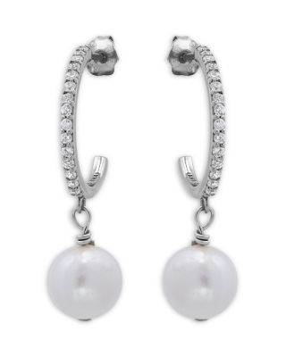 Aqua Cultured Freshwater Pearl Charm Pave Hoop Earrings - Exclusive