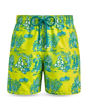 Vilebrequin Moorea Deep Sea Toile De Jouy Print 6 Swim Trunks In Fluorescent Yellow