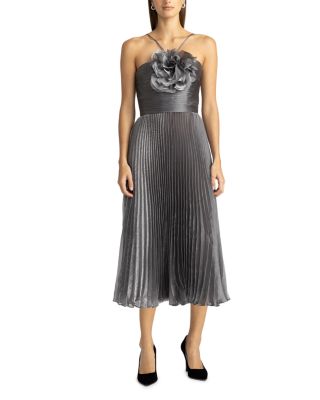 Zac Posen Flower Neckline Pleated Midi Dress