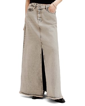 Shop Allsaints Noir Denim Maxi Skirt In Sand Grey