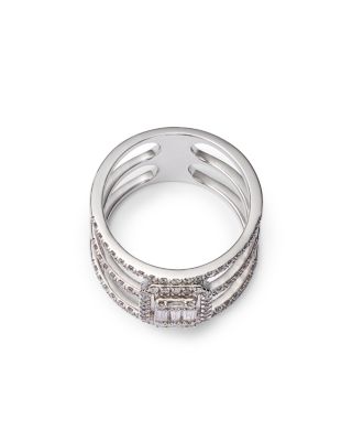Diamond Round & Baguette Triple Row Ring in 14K White Gold, 0.75 tcw