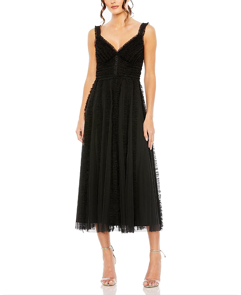 Mac Duggal Tulle V-neck Dress With Cascading Ruffles And Sleek Silhouette In Black