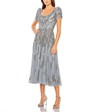 Mac Duggal Short Sleeve Beaded Aline Tea Length Dress