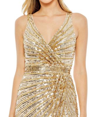 Sequined Faux Wrap Sleeveless Gown