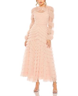 Mac Duggal High Neck Puff Long Sleeve Ruffle Tiered Gown