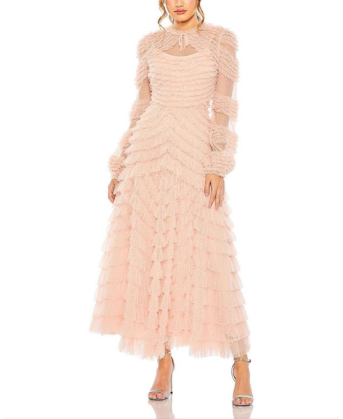 Mac Duggal High Neck Puff Long Sleeve Ruffle Tiered Gown | Bloomingdale's
