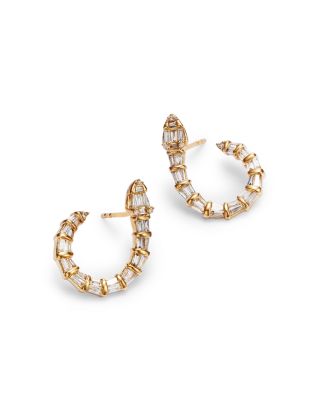 Diamond Round & Baguette Serpent Hoop Earrings in 14K Yellow Gold, 0.60 tcw