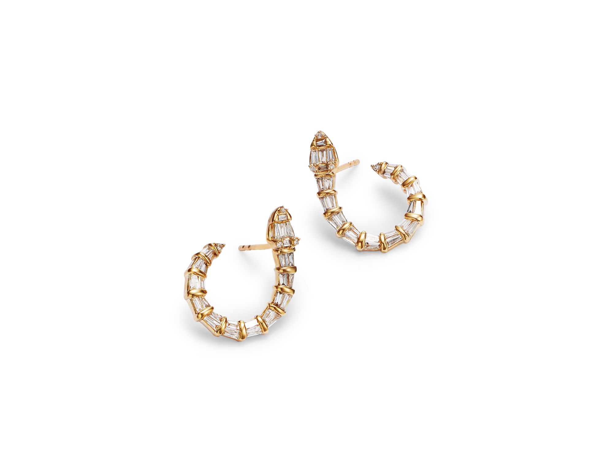 Diamond Round & Baguette Serpent Hoop Earrings in 14K Yellow , 0.60 tcw — Image 3