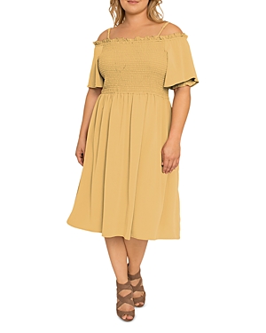 Standards & Practices Gabi Cold Shoulder Smocked Midi Dress In Pale Banana