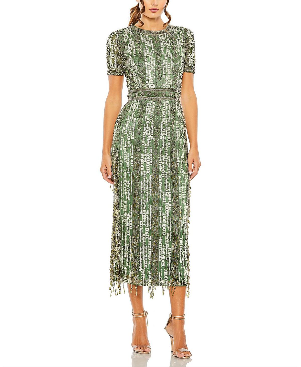 Mac Duggal High Neck Short Sleeve Crystal Fringe Column Dress