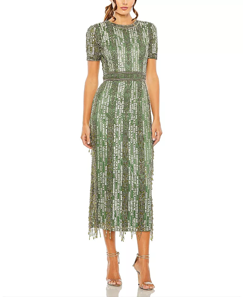 Mac Duggal High Neck Short Sleeve Crystal Fringe Column Dress